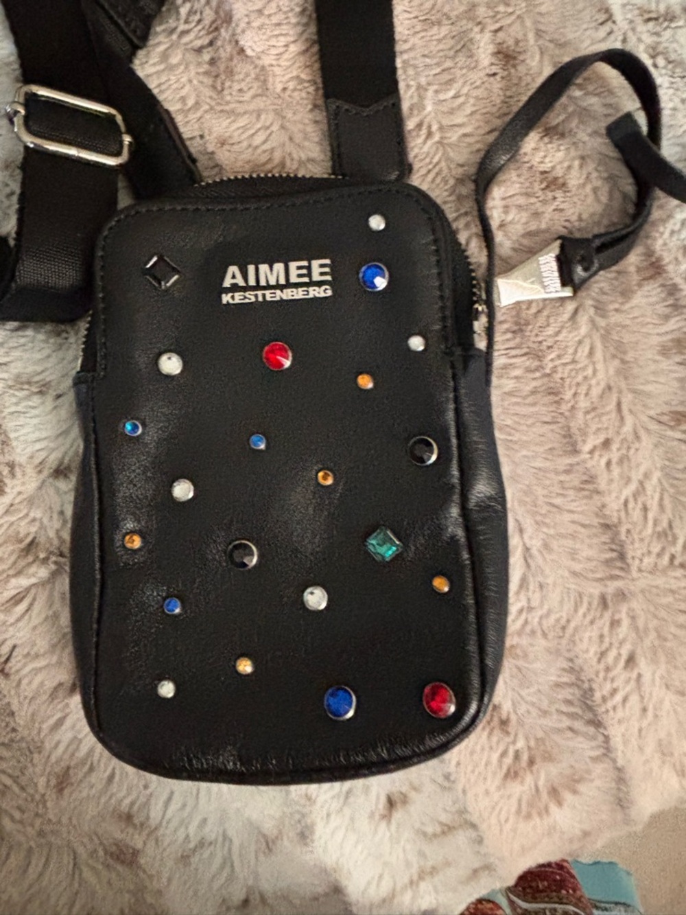 Aimee Kestenberg Black Leather Jeweled Crossbody. Phone Pouch